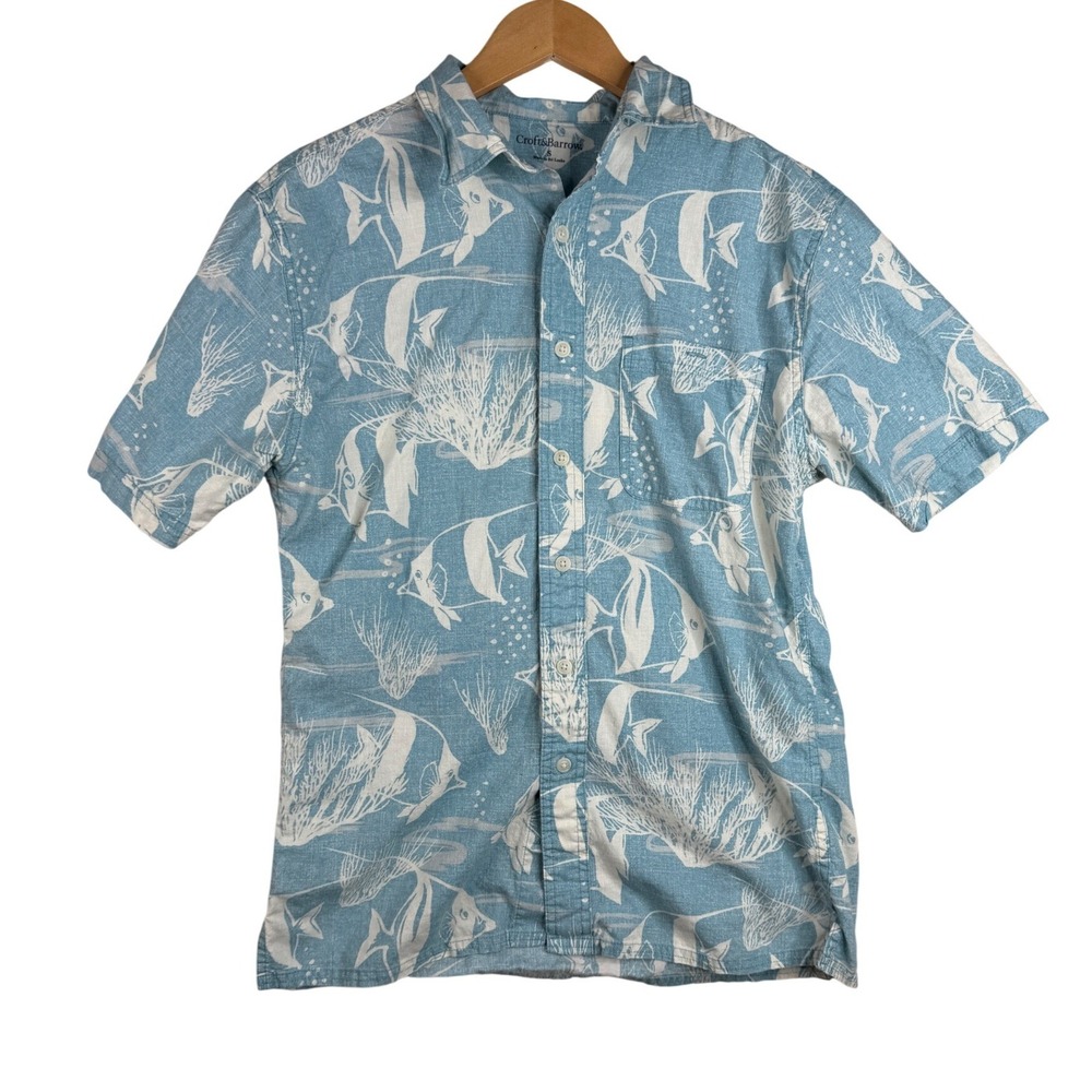 Croft & Barrow Men's Fish Print Short Sleeve Cotton Button Down Shirt size Small